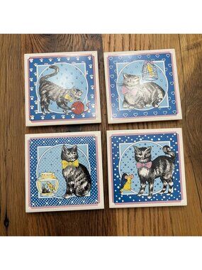 VTG Ceramic Cat Tile Trivets Coasters Wall Hanging Cottagecore Cat Lady